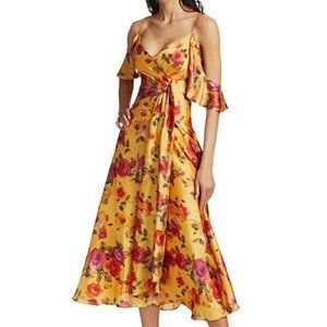 THEIA Floral Cold-Shoulder Charmeuse Midi Dress